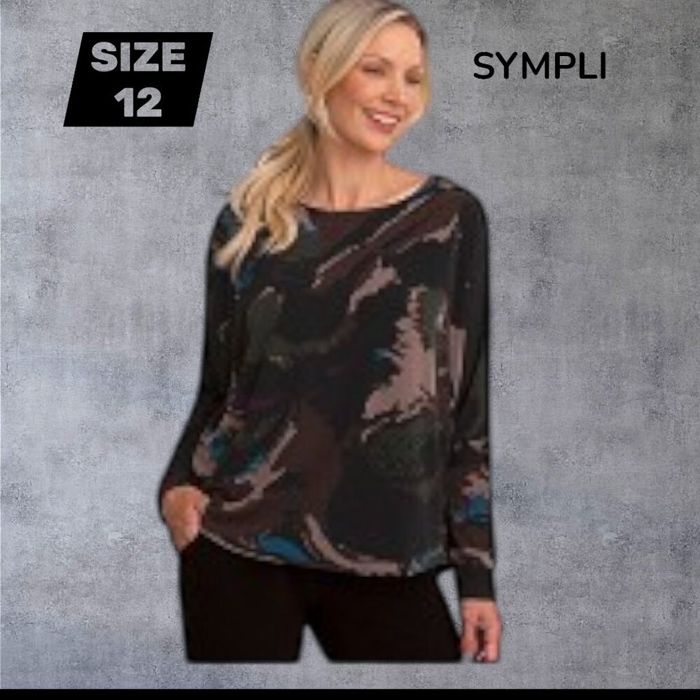 SYMPLI - Nu Cinch Top, Long Sleeve, Print Mineral - Size 12, NWT